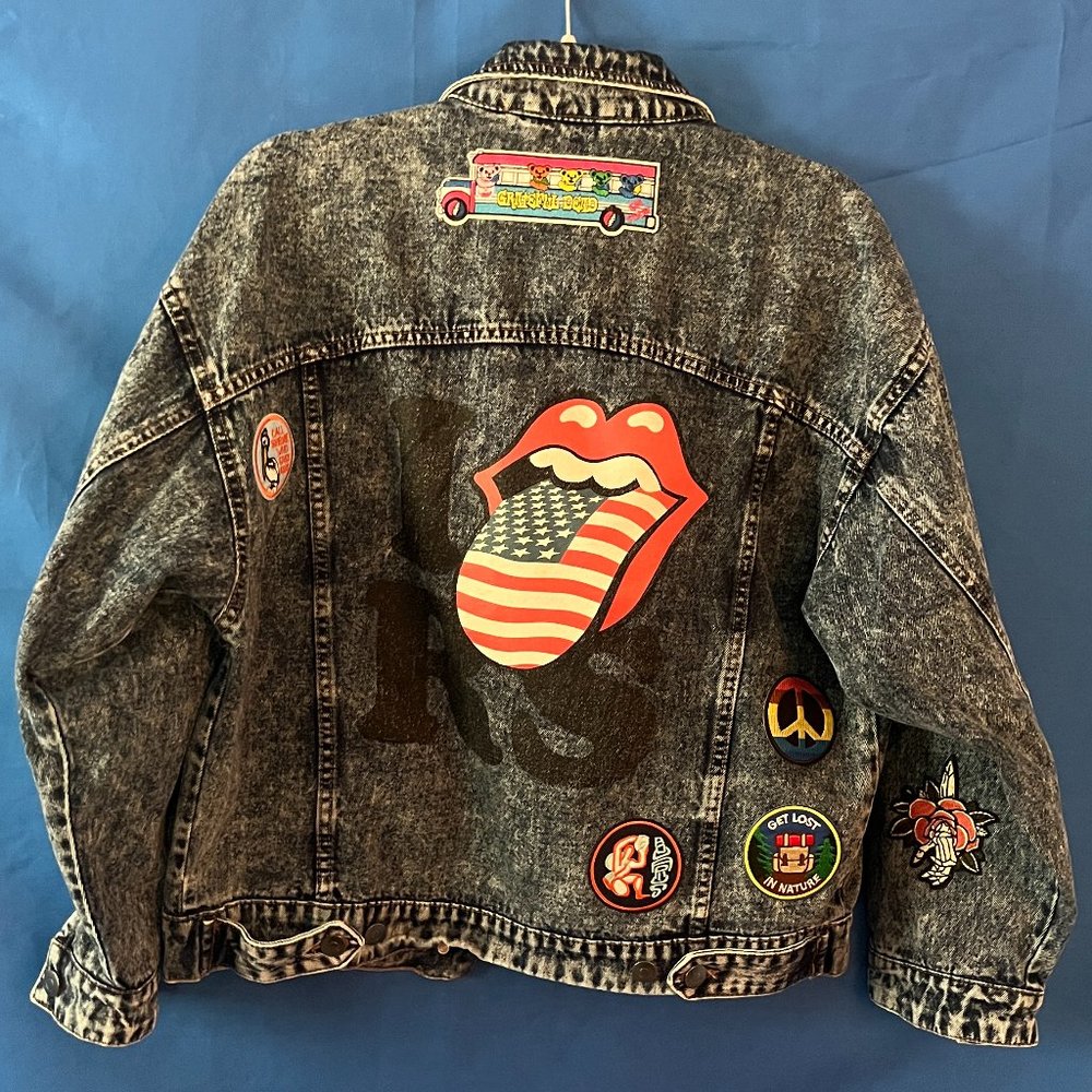UPCYCLED HANDMADE BY ME ROLLING STONES JEAN JACKET PATCHES GRATEFUL DEAD DENIM